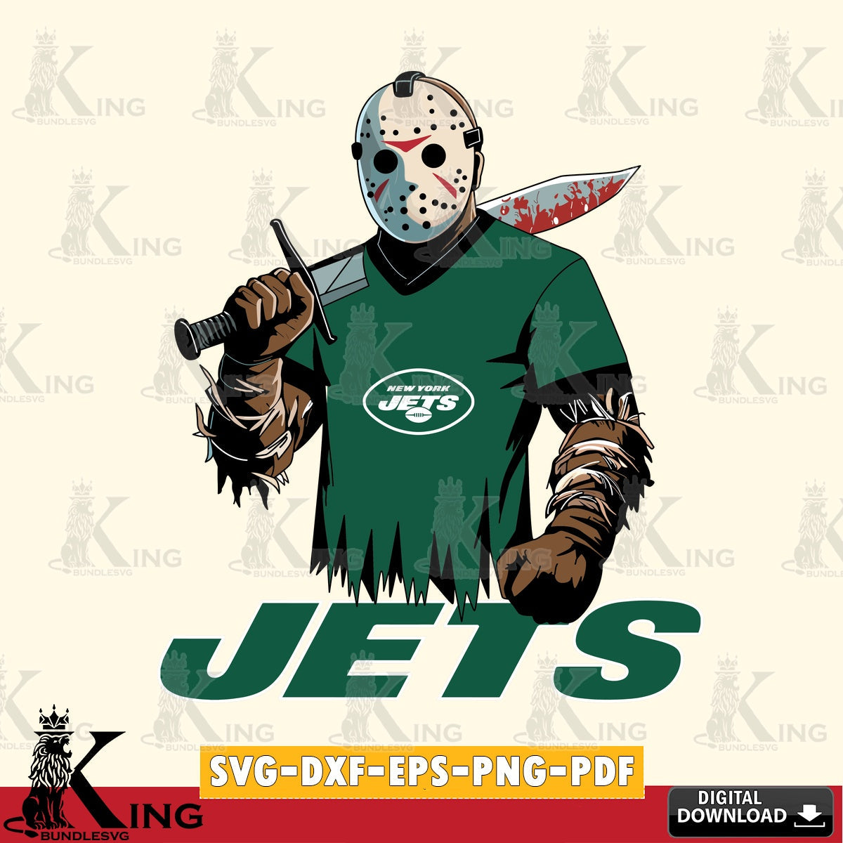 Detailed illustration of New York Jets Jason Voorhees football, digital file for silhouette cameo and cricut projects