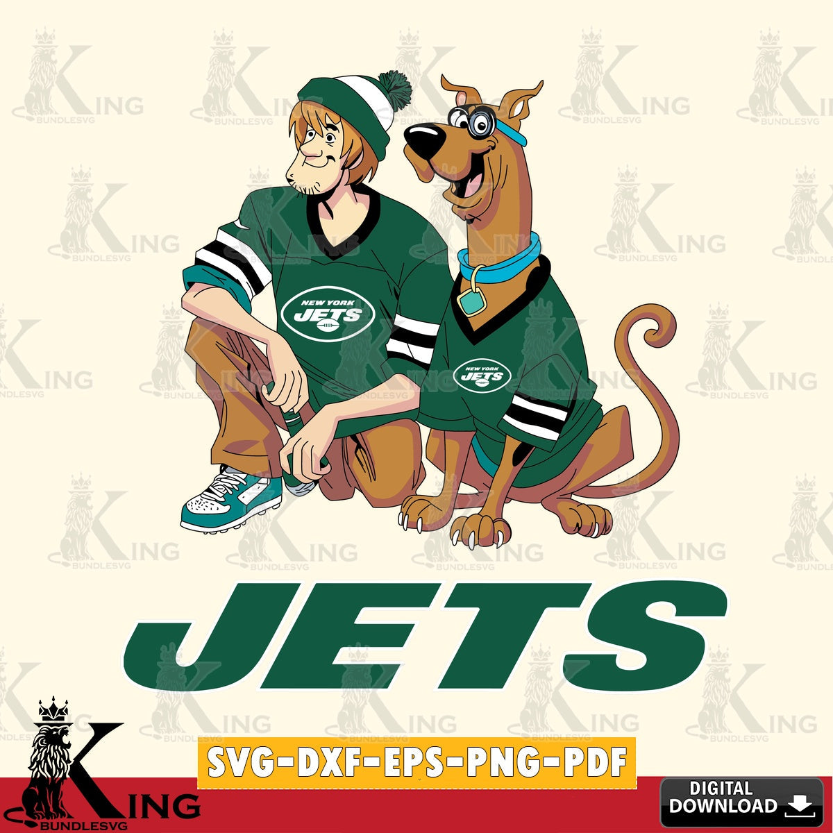 High-quality graphic of New York Jets Shaggy and Scooby Doo football, a vector illustration for POD merchandise and apparel.