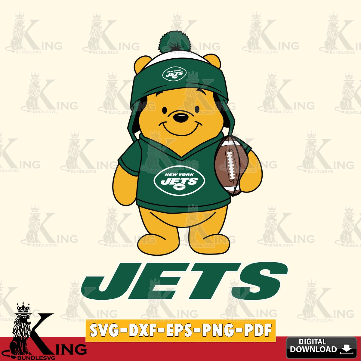 Custom design featuring New York Jets Winnie the Pooh player football crafting file for iron-on transfer and vinyl decals.
