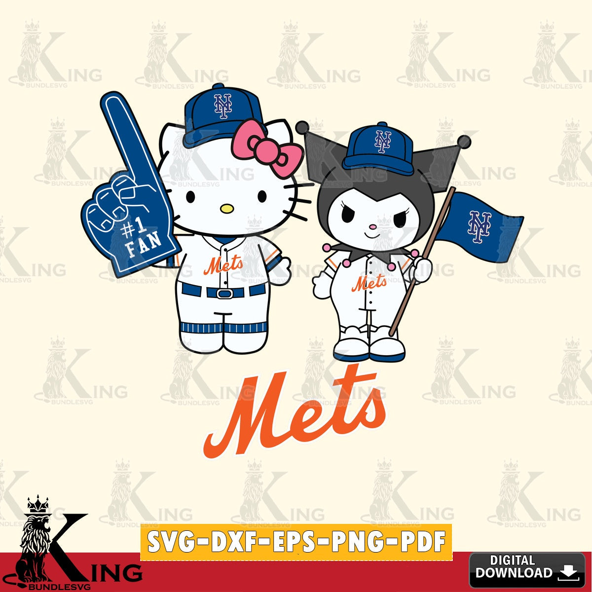 Ultimate set containing New York Mets Hello Kitty Kuromi fan baseball vector illustration for POD merchandise and apparel