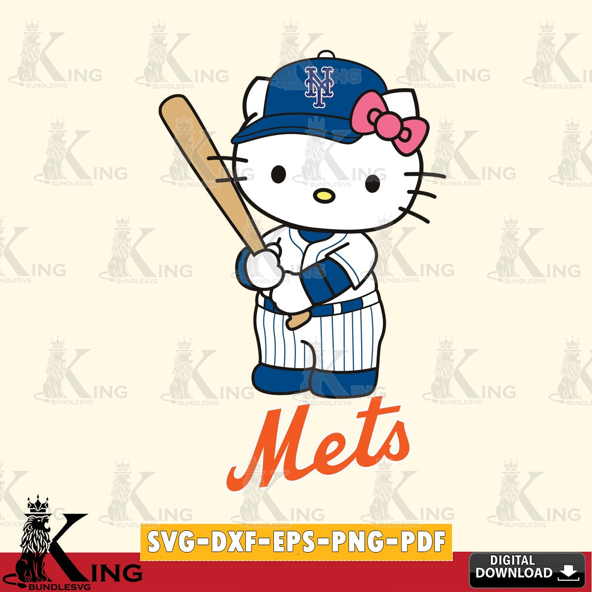 Giant set featuring New York Mets Hello Kitty baseball batter, versatile clip art for stickers, decals, and mugs.