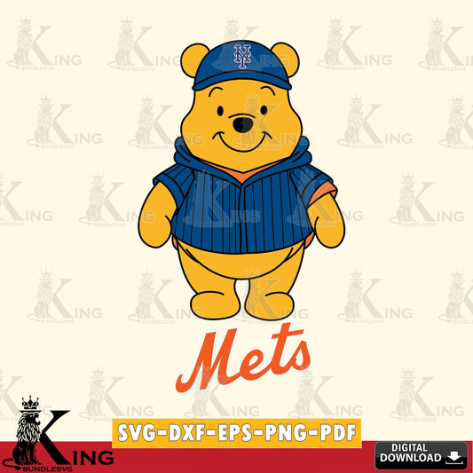 Creative design featuring New York Mets Pooh Bear baseball mascot SVG PNG design suitable for Glowforge and laser cutting.