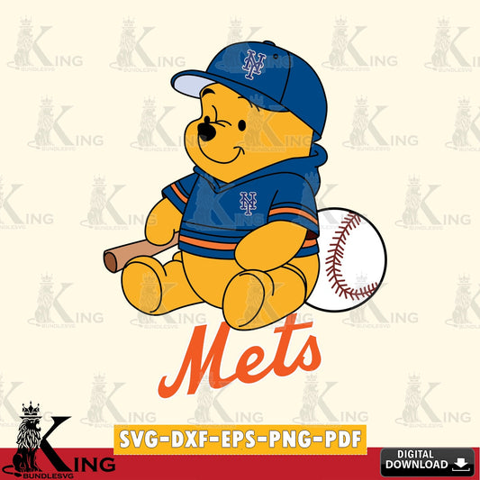 Beautiful illustration of New York Mets Winnie the Pooh playing baseball, vector illustration for POD merchandise and apparel