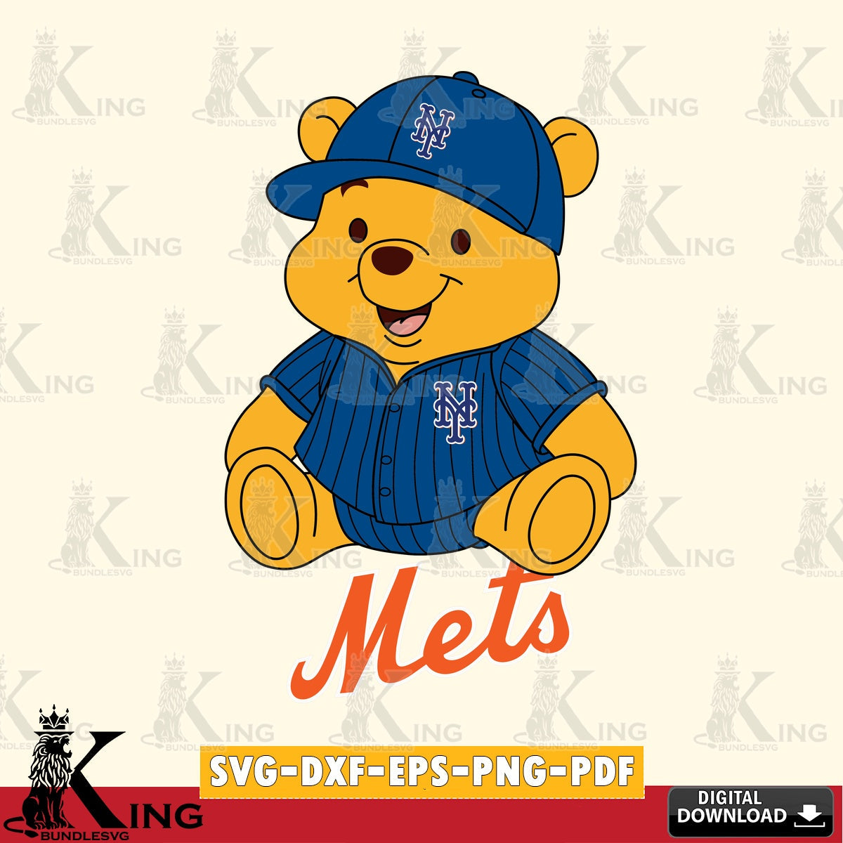 Beautiful illustration of New York Mets Winnie the Pooh cute baseball crafting file for iron-on transfer and vinyl decals