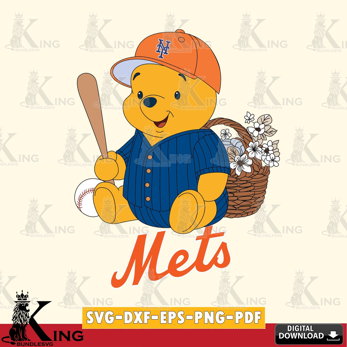 Unique artwork depicting New York Mets Winnie the Pooh with a flower baseball SVG cut file for personalized gifts and laser
