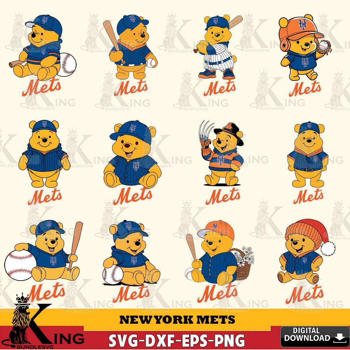 Exclusive set of New York Mets Winnie the Pooh MLB baseball Bundle high-quality vector for DIY scrapbooking and home decor
