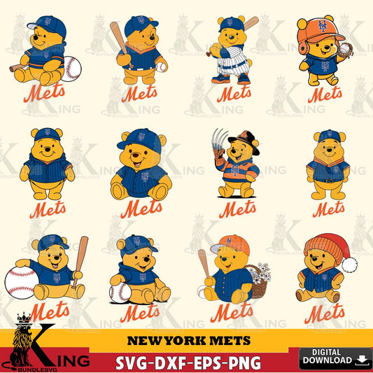 Exclusive set of New York Mets Winnie the Pooh MLB baseball Bundle high-quality vector for DIY scrapbooking and home decor