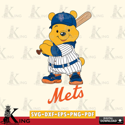 Detailed illustration of New York Mets Winnie the Pooh baseball player digital clipart compatible with laser engraving and cutting