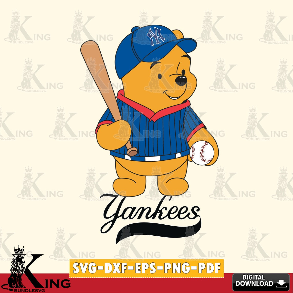 Artistic drawing of New York Yankees Baseball Batter Winnie the Pooh digital file for silhouette cameo and cricut projects