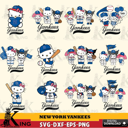Giant set featuring New York Yankees Sanrio Squad Baseball MLB Bundle, SVG PNG files perfect for Cricut and Silhouette cutting