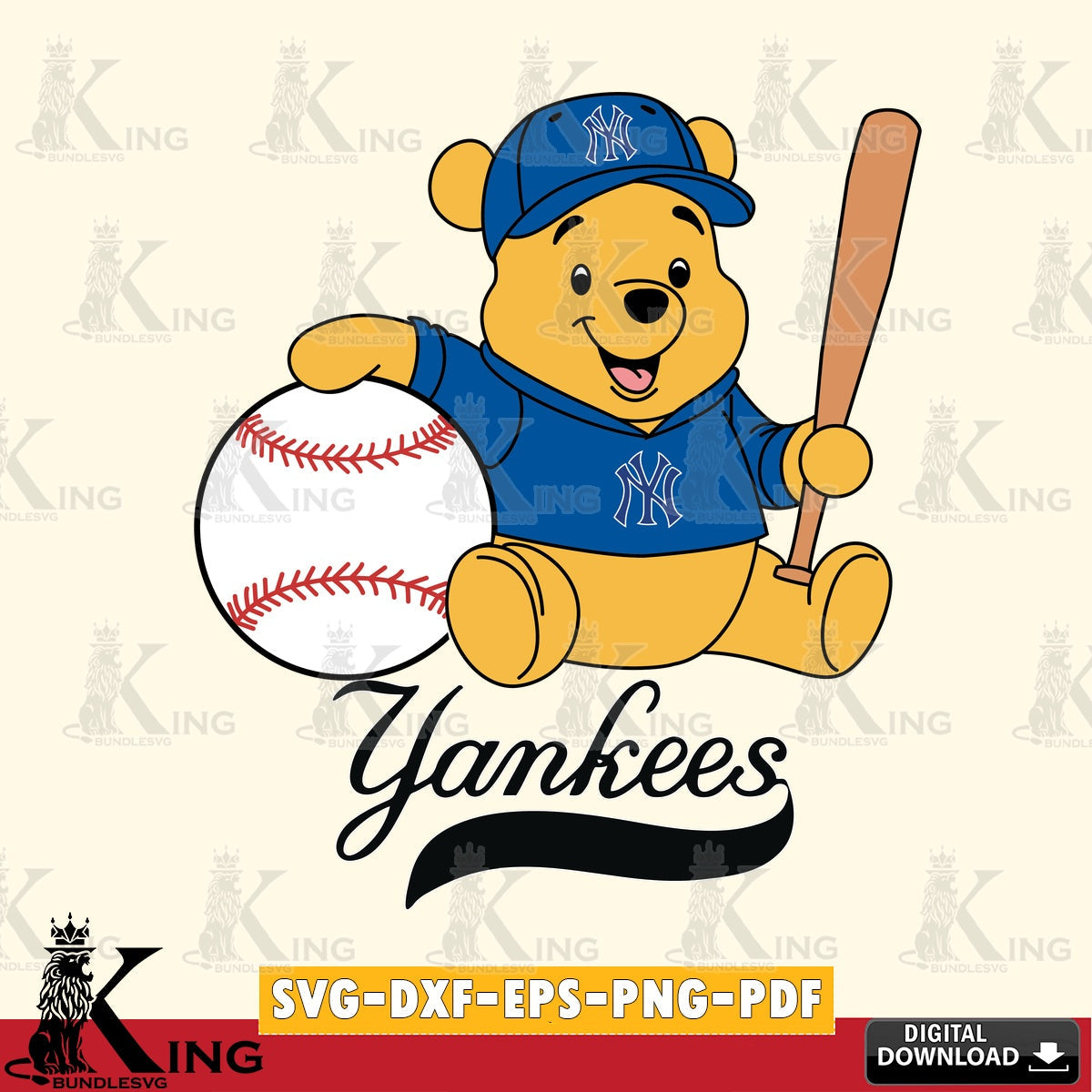 Creative design featuring a New York Yankees Winnie the Pooh baseball star player SVG cut file for personalized gifts and laser