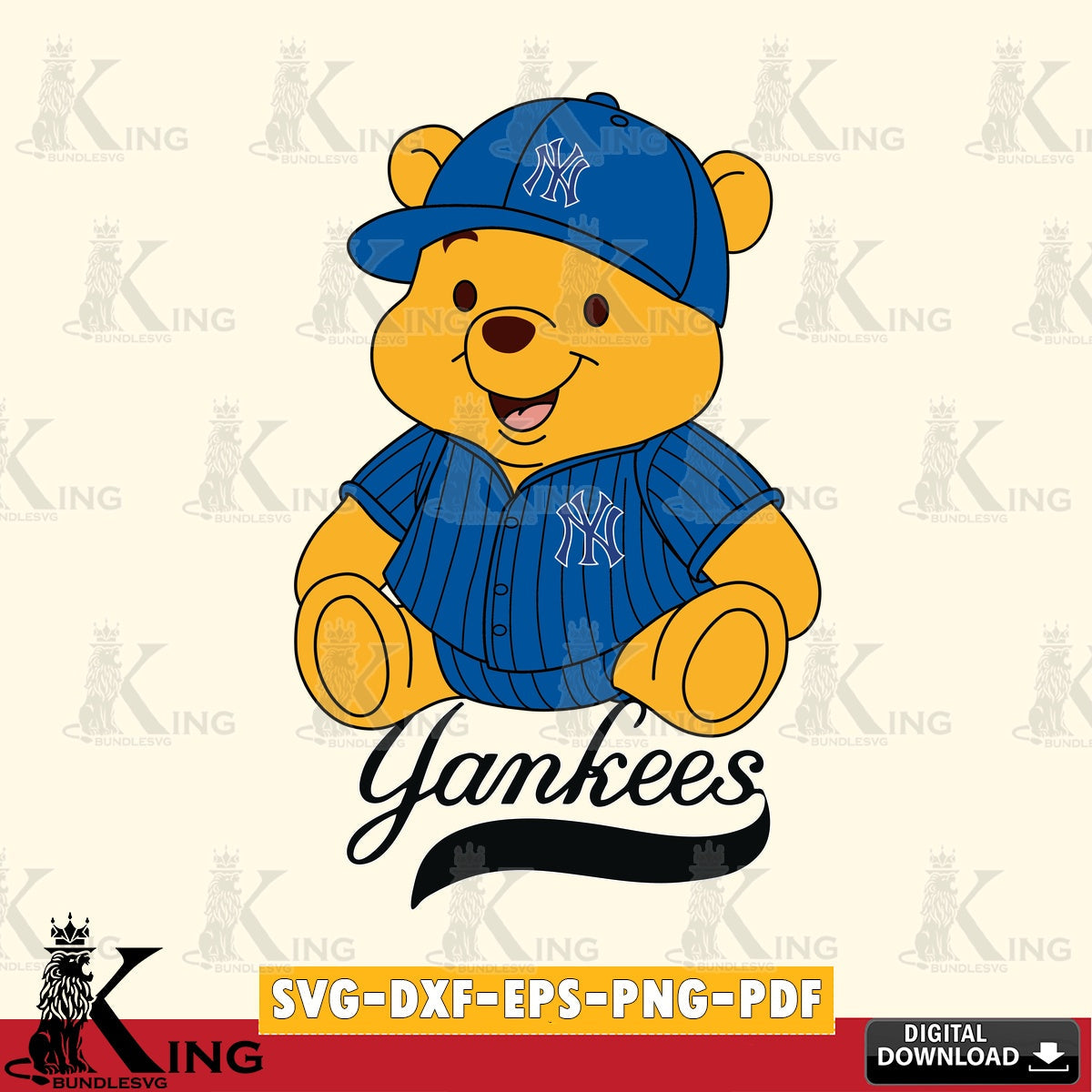 Unique artwork depicting New York Yankees Winnie the Pooh cute baseball, SVG PNG design suitable for Glowforge and laser cutting.