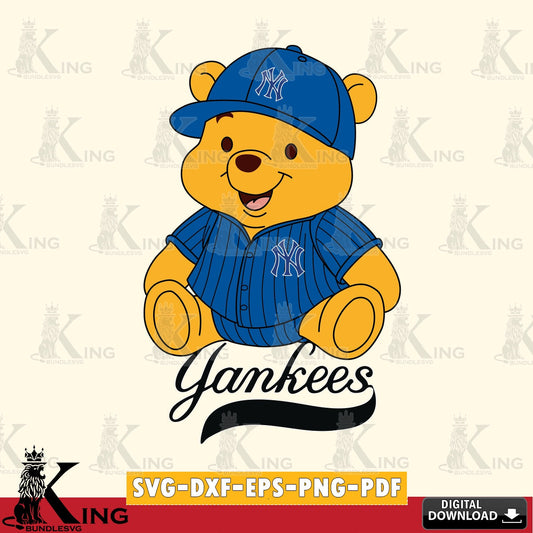 Unique artwork depicting New York Yankees Winnie the Pooh cute baseball, SVG PNG design suitable for Glowforge and laser cutting.