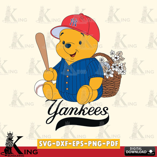 Detailed illustration of New York Yankees Winnie the Pooh Flower Baseball vector art for engraving, cutting, and printing.