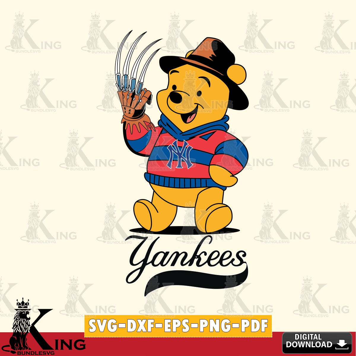 Modern graphic depicting New York Yankees Winnie the Pooh Freddy Krueger baseball, high-quality vector for DIY scrapbooking and