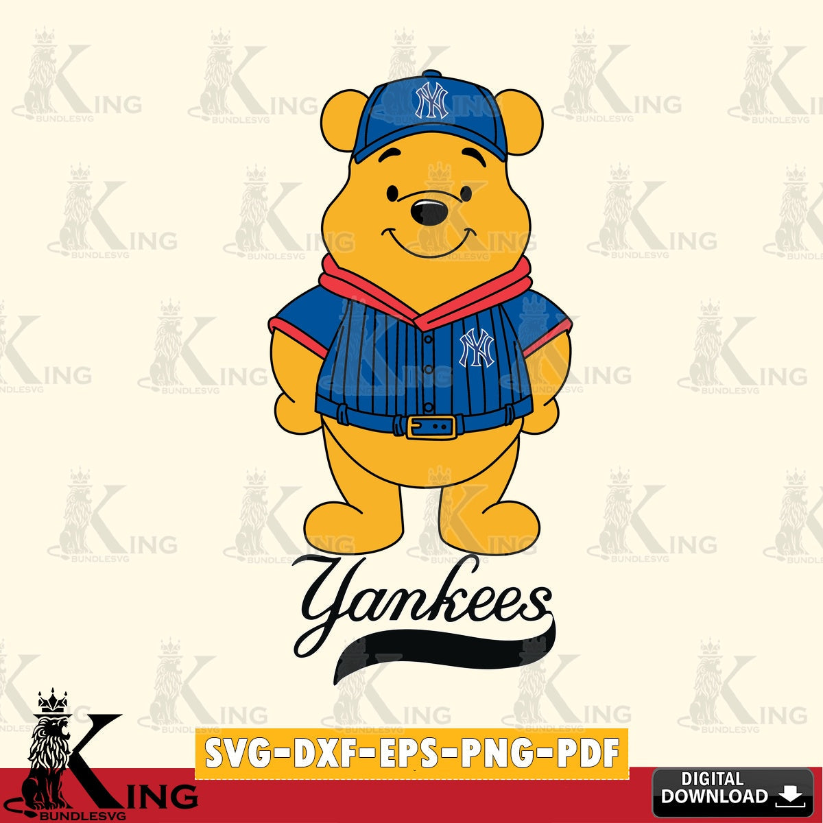 Detailed illustration of New York Yankees Winnie the Pooh Game Day vector art for engraving, cutting, and printing.