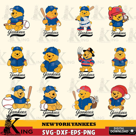 Comprehensive collection of New York Yankees Winnie the Pooh MLB baseball bundle cut file ideal for vinyl projects and T-shirt