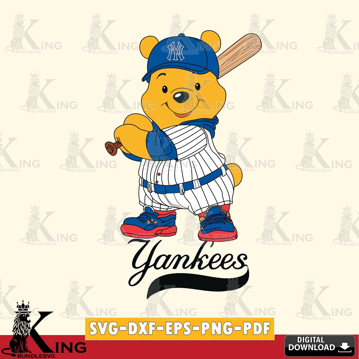 Artistic drawing of New York Yankees Winnie the Pooh baseball player as digital clipart compatible with laser engraving and