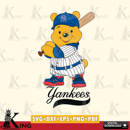 Artistic drawing of New York Yankees Winnie the Pooh baseball player as digital clipart compatible with laser engraving and