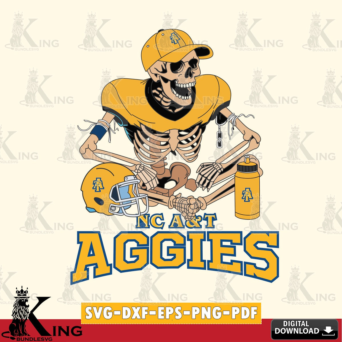 Artistic drawing of a North Carolina A&T skeleton football player, NCAA, SVG PNG design suitable for Glowforge and laser cutting