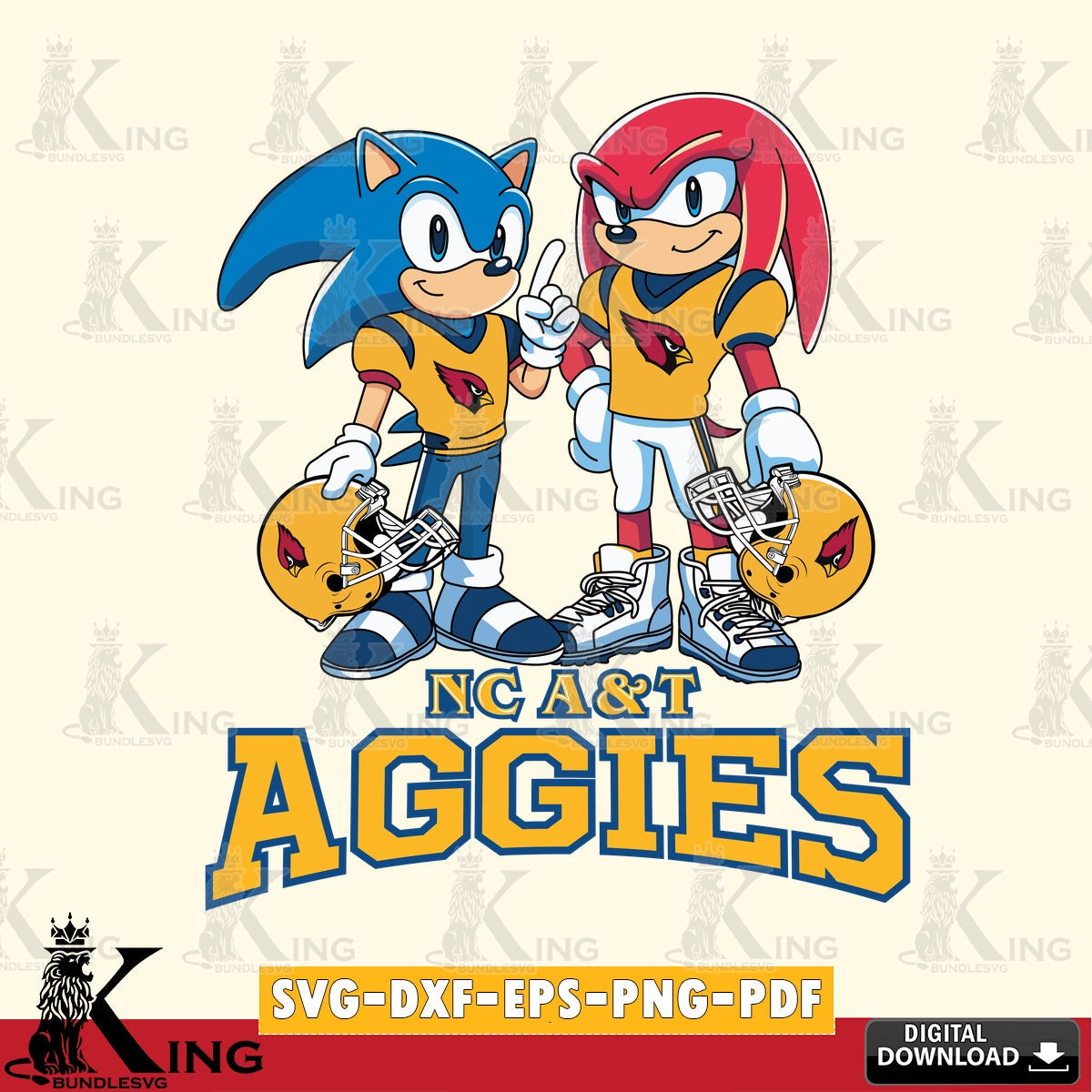 Vector design showing North Carolina A&T Sonic and Knuckles football SVG PNG files perfect for Cricut and Silhouette cutting