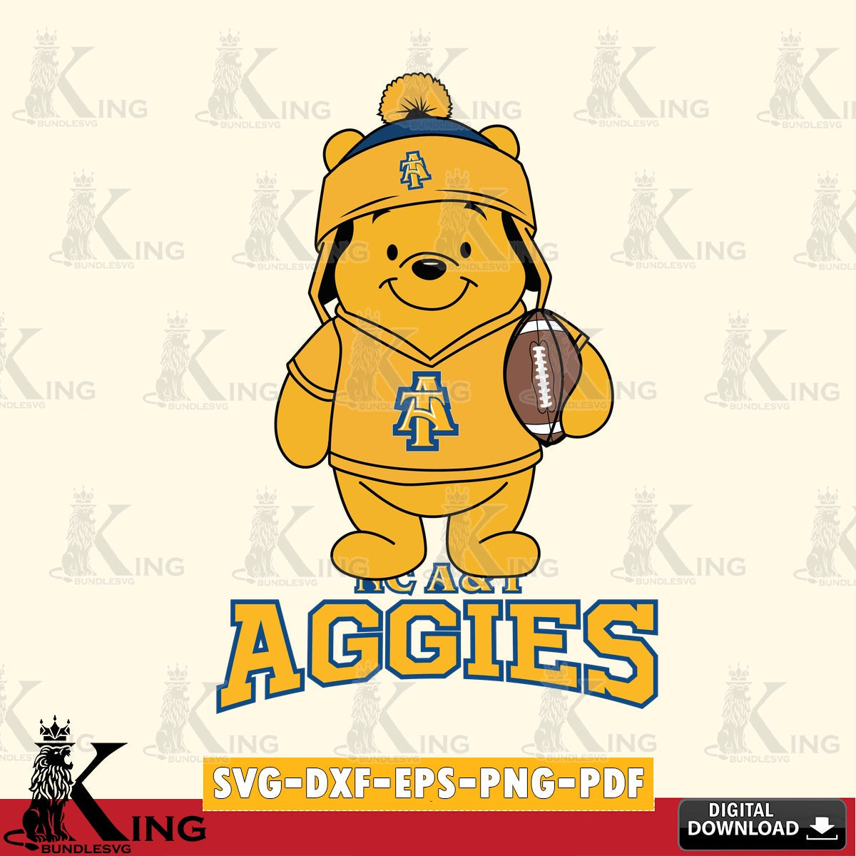 Printable art of North Carolina A&T Winnie the Pooh football player, a digital download for Cricut Maker and paper crafts