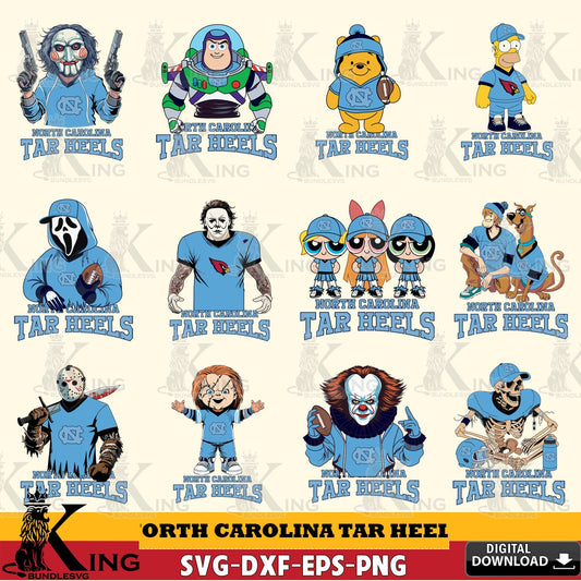 All-in-one bundle of North Carolina Tar Heels cartoon football NCAA cut file, digital download for Cricut Maker and paper crafts