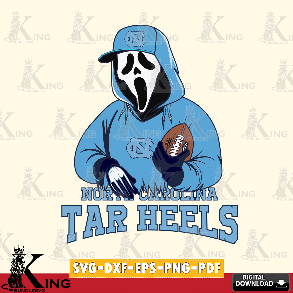 Modern graphic depicting a North Carolina Tar Heels Ghostface Scream football player, digital clipart compatible with laser