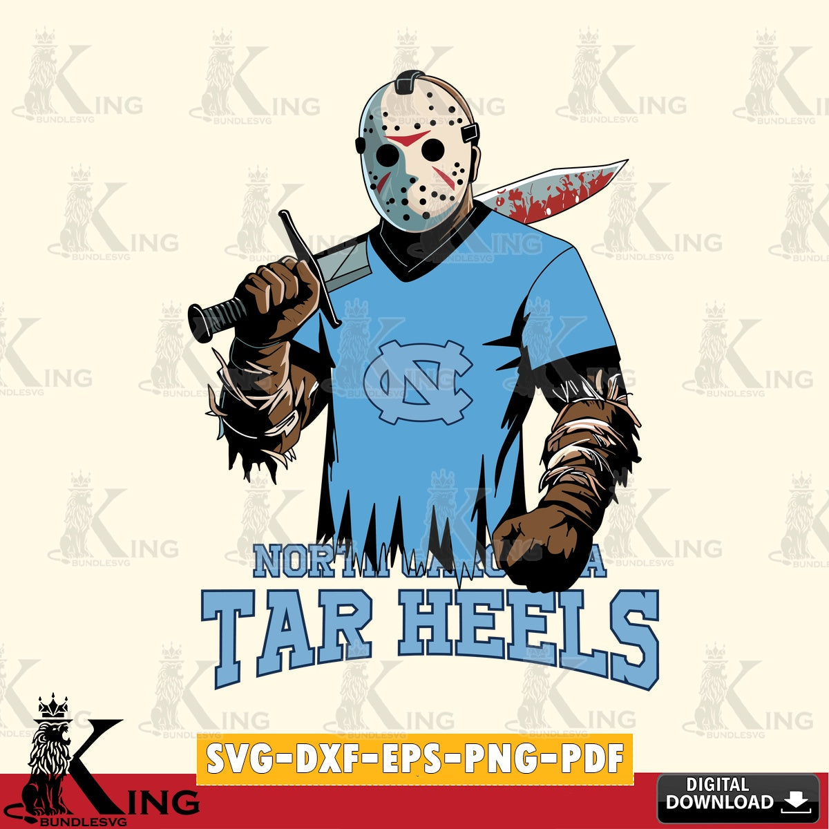 Unique artwork depicting North Carolina Tar Heels Jason Voorhees Football, high-quality vector for DIY scrapbooking and home decor