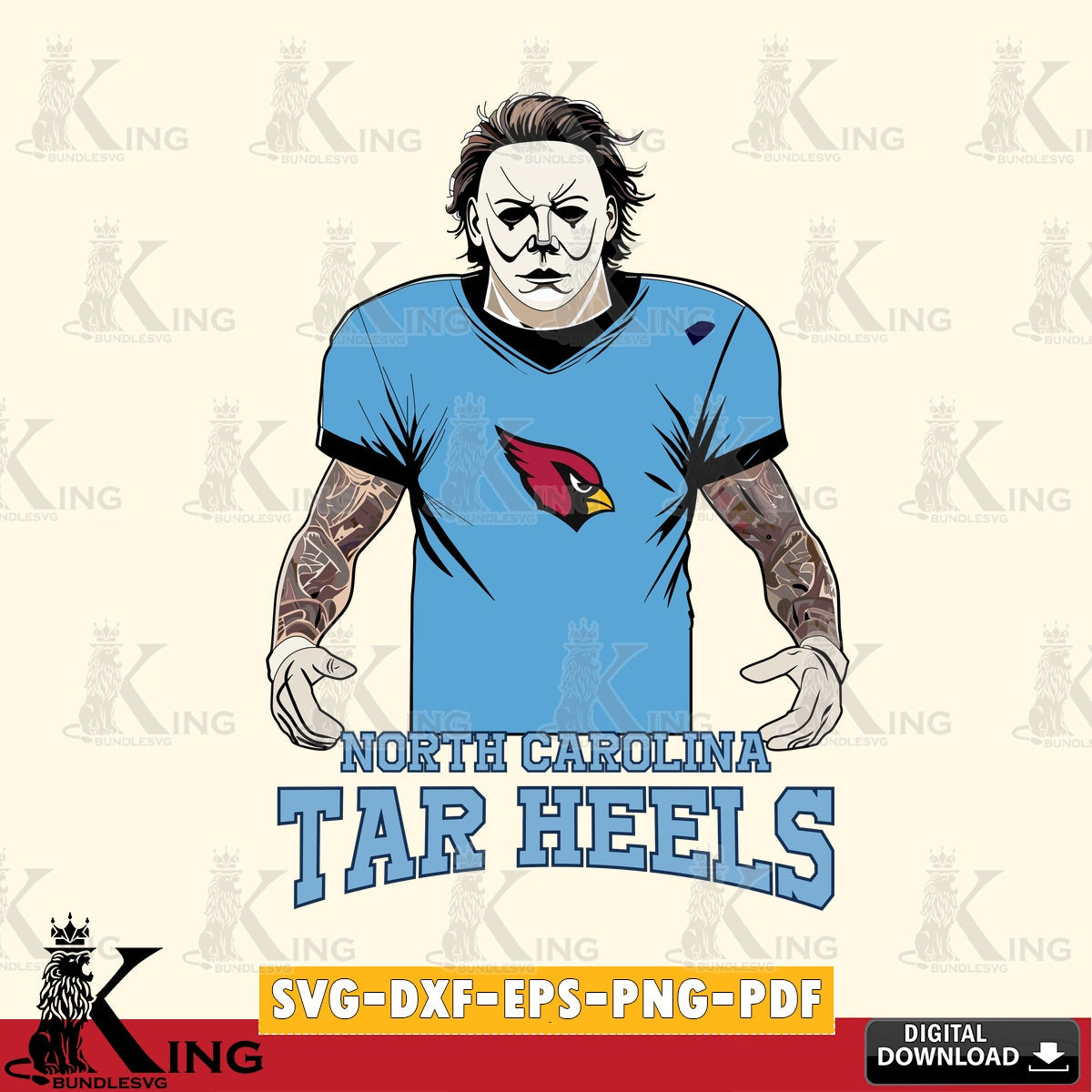 Digital clipart of North Carolina Tar Heels Michael Myers tattoo football, printable vector design for sublimation and crafts