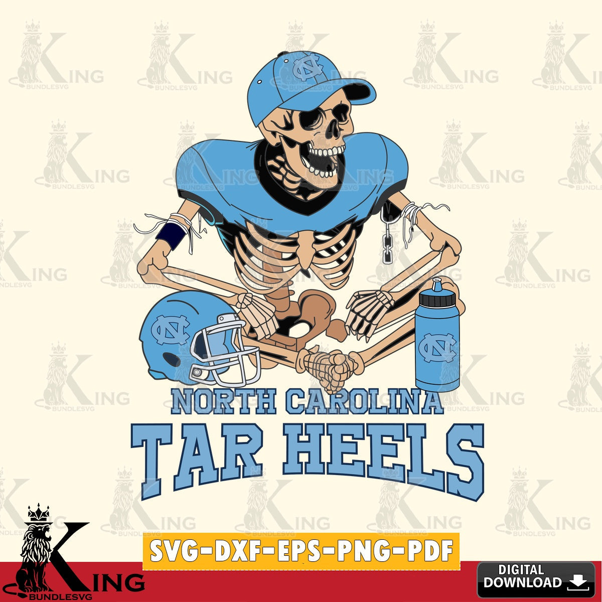 Custom design featuring North Carolina Tar Heels skeleton player football, digital clipart compatible with laser engraving and