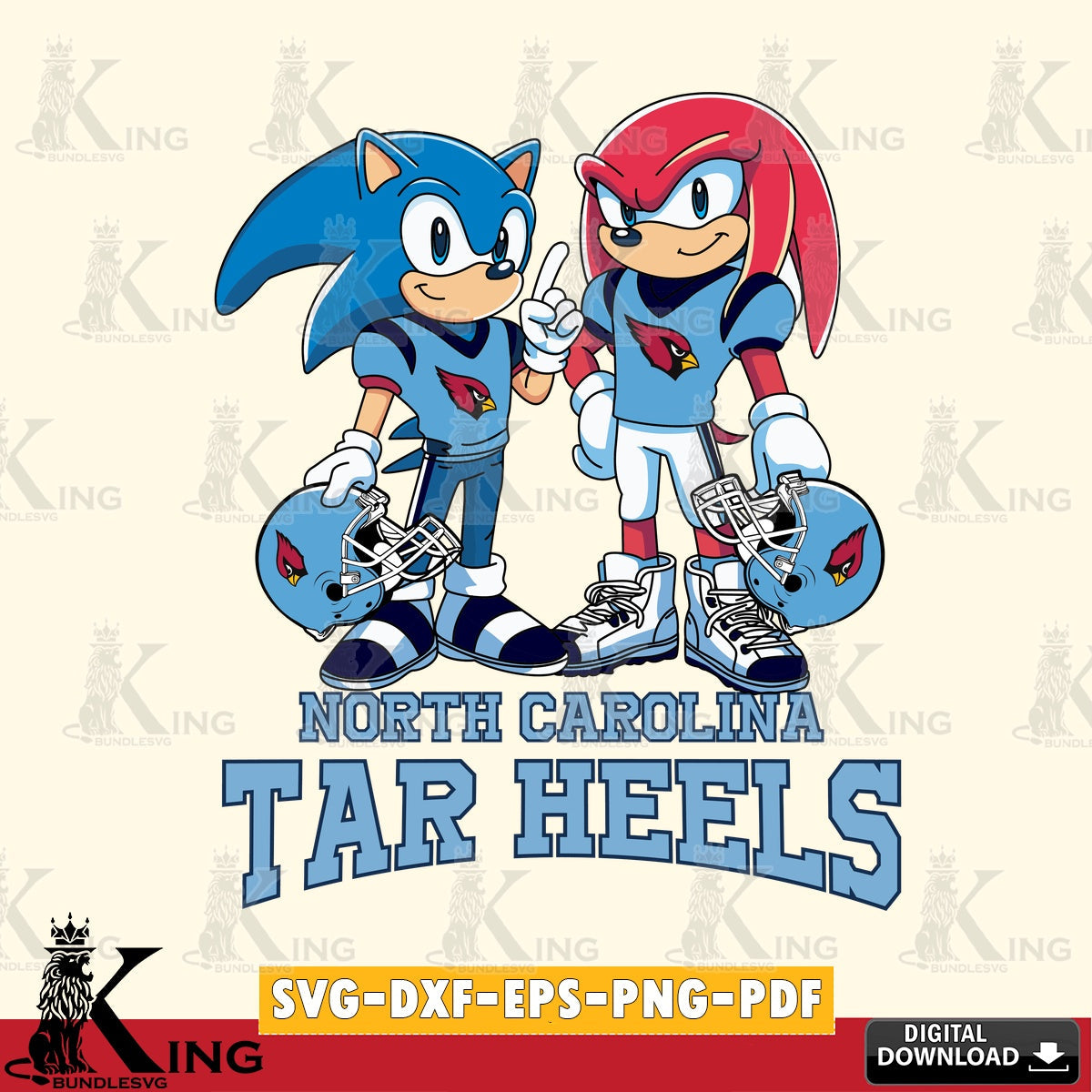 Modern graphic depicting North Carolina Tar Heels Sonic and Knuckles Football, printable vector design for sublimation and crafts