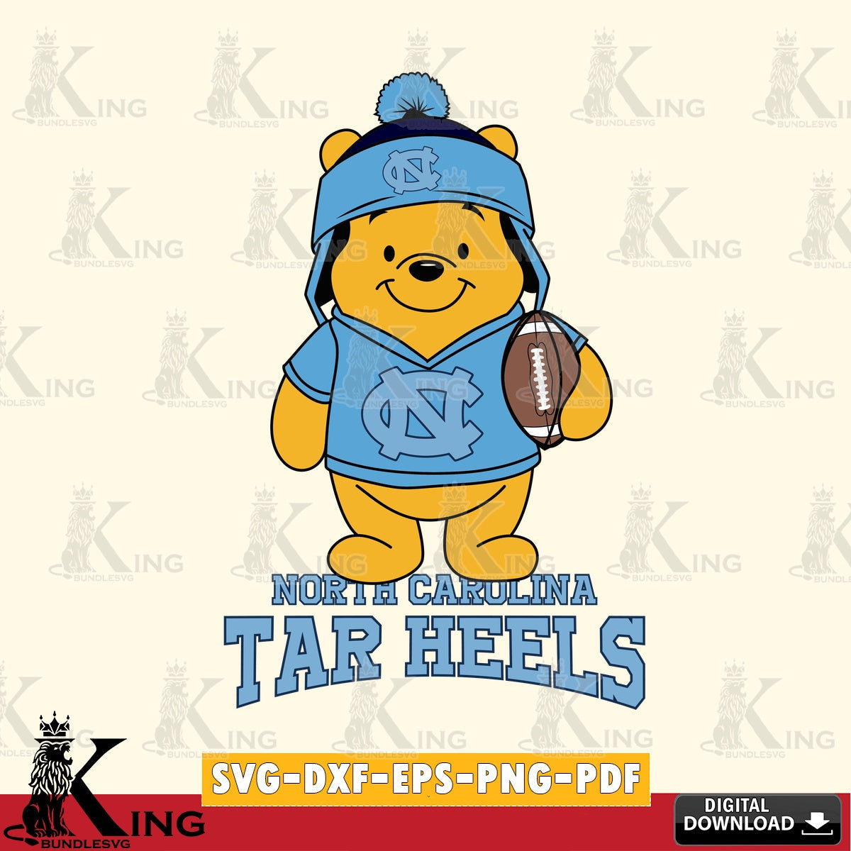 Unique artwork depicting a North Carolina Tar Heels Winnie the Pooh football player, vector art for engraving, cutting, and