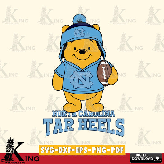Unique artwork depicting a North Carolina Tar Heels Winnie the Pooh football player, vector art for engraving, cutting, and