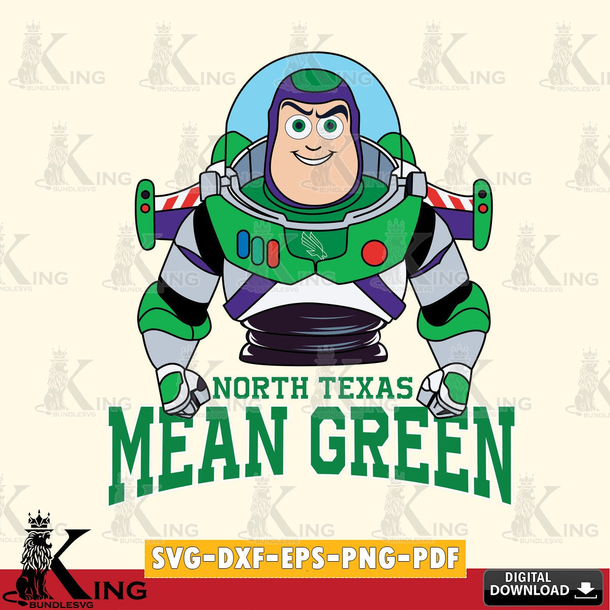 Unique artwork depicting North Texas Mean Green Buzz Lightyear Football, crafting file for iron-on transfer and vinyl decals