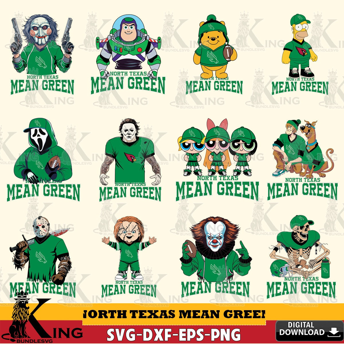 Exclusive set of North Texas Mean Green Cartoon Football NCAA Bundle vector illustration for POD merchandise and apparel