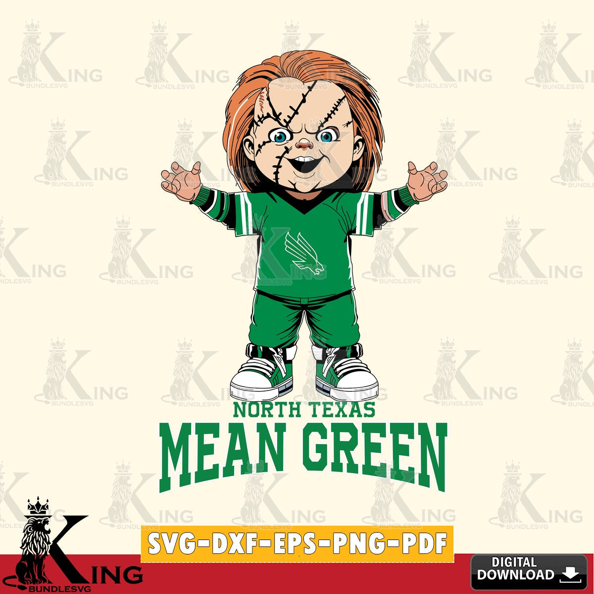 Hand-drawn style art of North Texas Mean Green Chucky Football, NCAA, SVG PNG design suitable for Glowforge and laser cutting