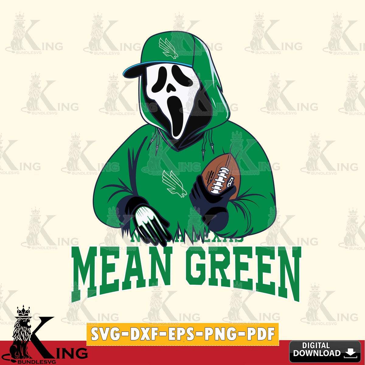 Modern graphic depicting a North Texas Mean Green Ghostface Scream football player, crafting file for iron-on transfer and vinyl