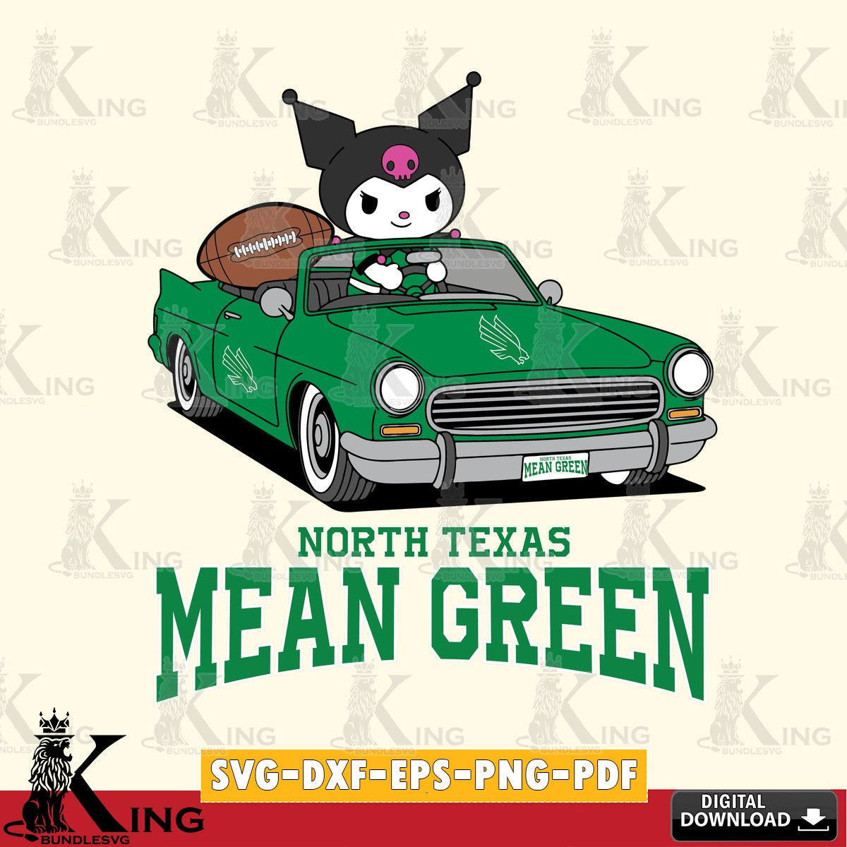 North Texas Mean Green Kuromi Car Football Game SVG file, Cricut, Cut file  , Digital Download , Instant Download, Sanrio svg, Clipart