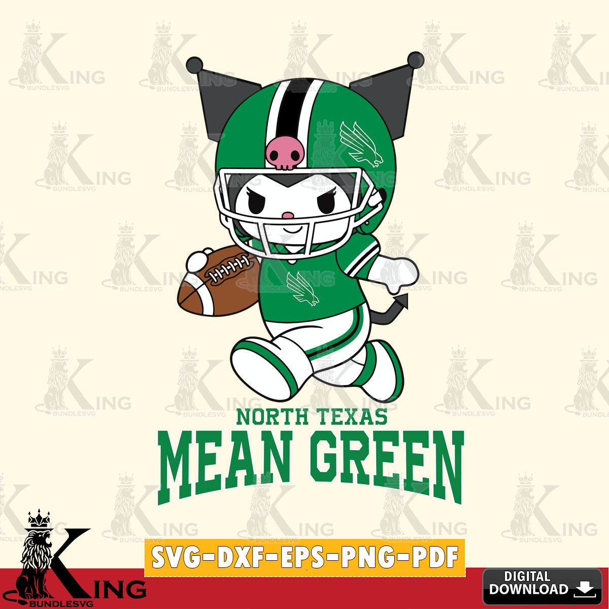 North Texas Mean Green Kuromi Football Run SVG file, Cricut, Cut file  , Digital Download , Instant Download, Sanrio svg, Clipart