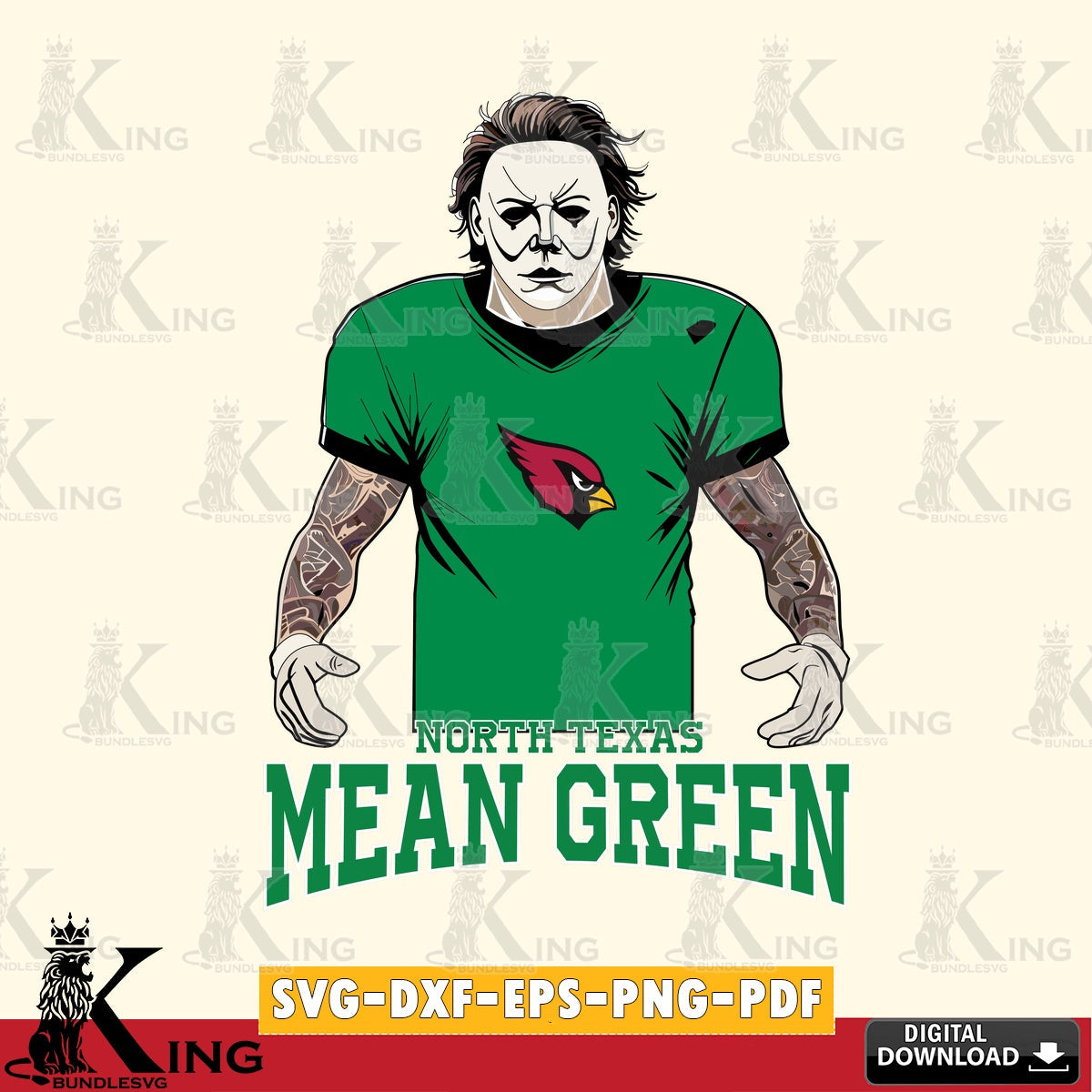 Creative design featuring a North Texas Mean Green Michael Myers tattoo football, vector illustration for POD merchandise and