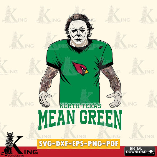 Creative design featuring a North Texas Mean Green Michael Myers tattoo football, vector illustration for POD merchandise and