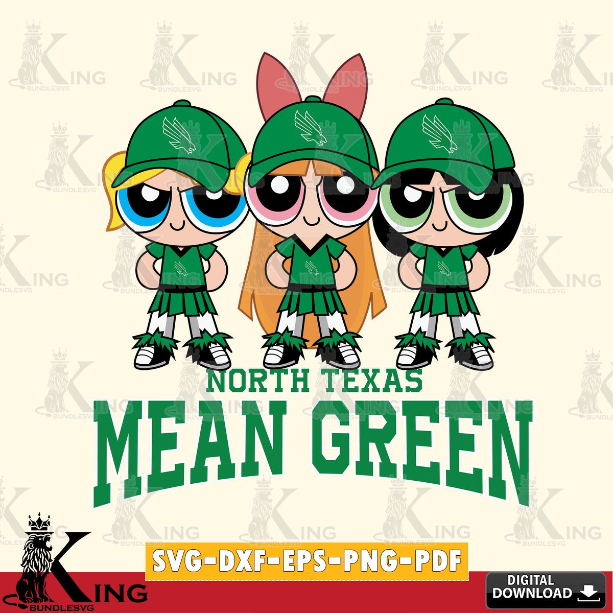 Creative design featuring North Texas Mean Green PowerPuff Girls Football, a vector illustration for POD merchandise and apparel