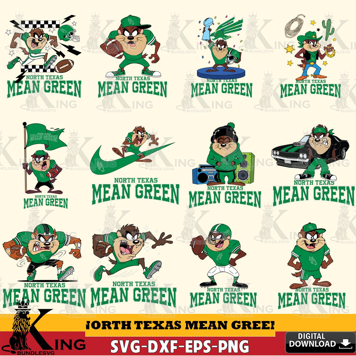North Texas Mean Green Taz Football NCAA Bundle SVG file, Cut file  , Digital Download , Instant Download, Taz svg, NCAA svg