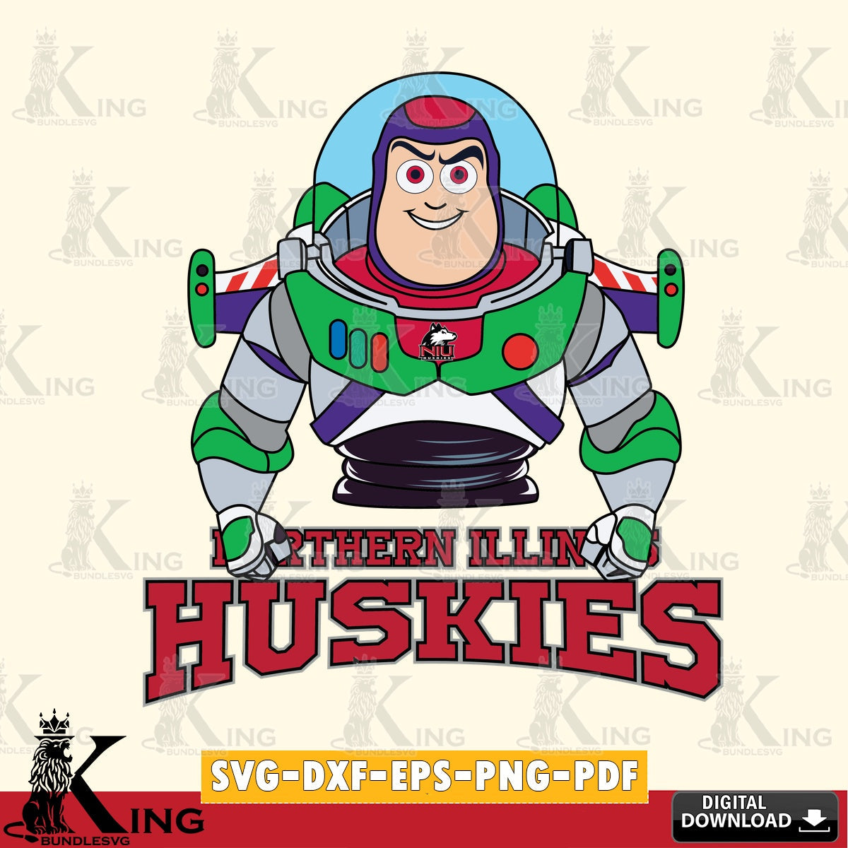 Vector design showing Northern Illinois Huskies Buzz Lightyear Football, versatile clip art for stickers, decals, and mugs.