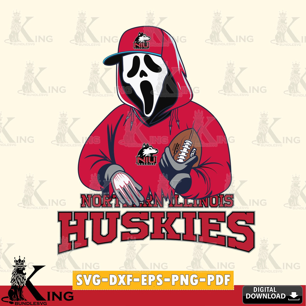 Artistic drawing of a Northern Illinois Huskies Ghostface Scream football player, SVG PNG files perfect for Cricut and Silhouette