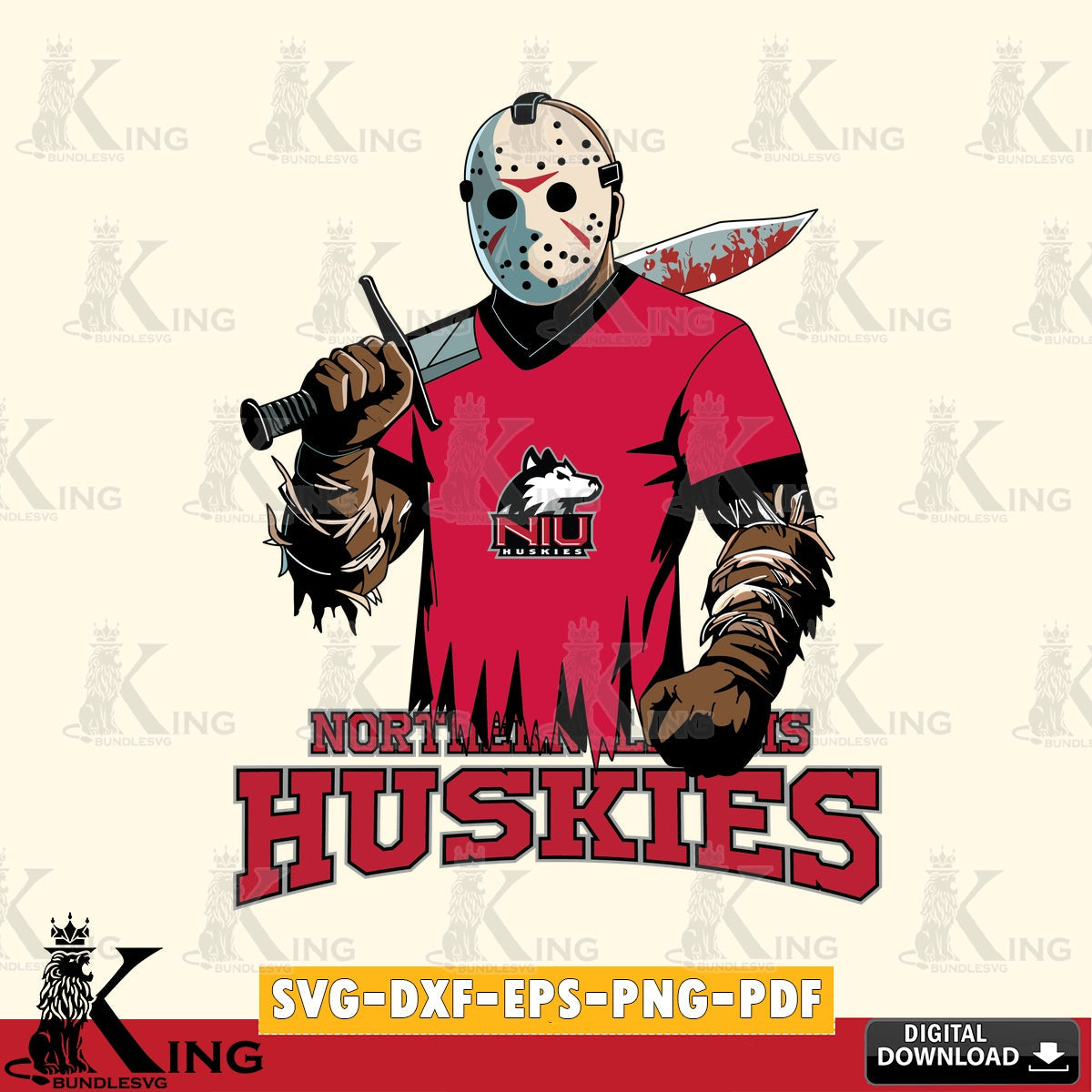 Custom design featuring Northern Illinois Huskies Jason Voorhees Football NCAA cut SVG PNG design suitable for Glowforge and