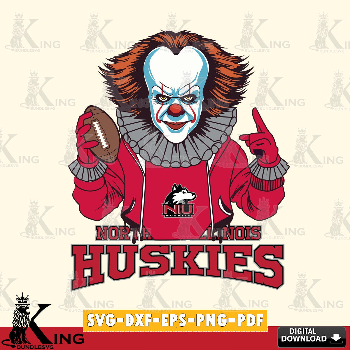 Hand-drawn style art of a Northern Illinois Huskies Pennywise player football, cut file ideal for vinyl projects and T-shirt