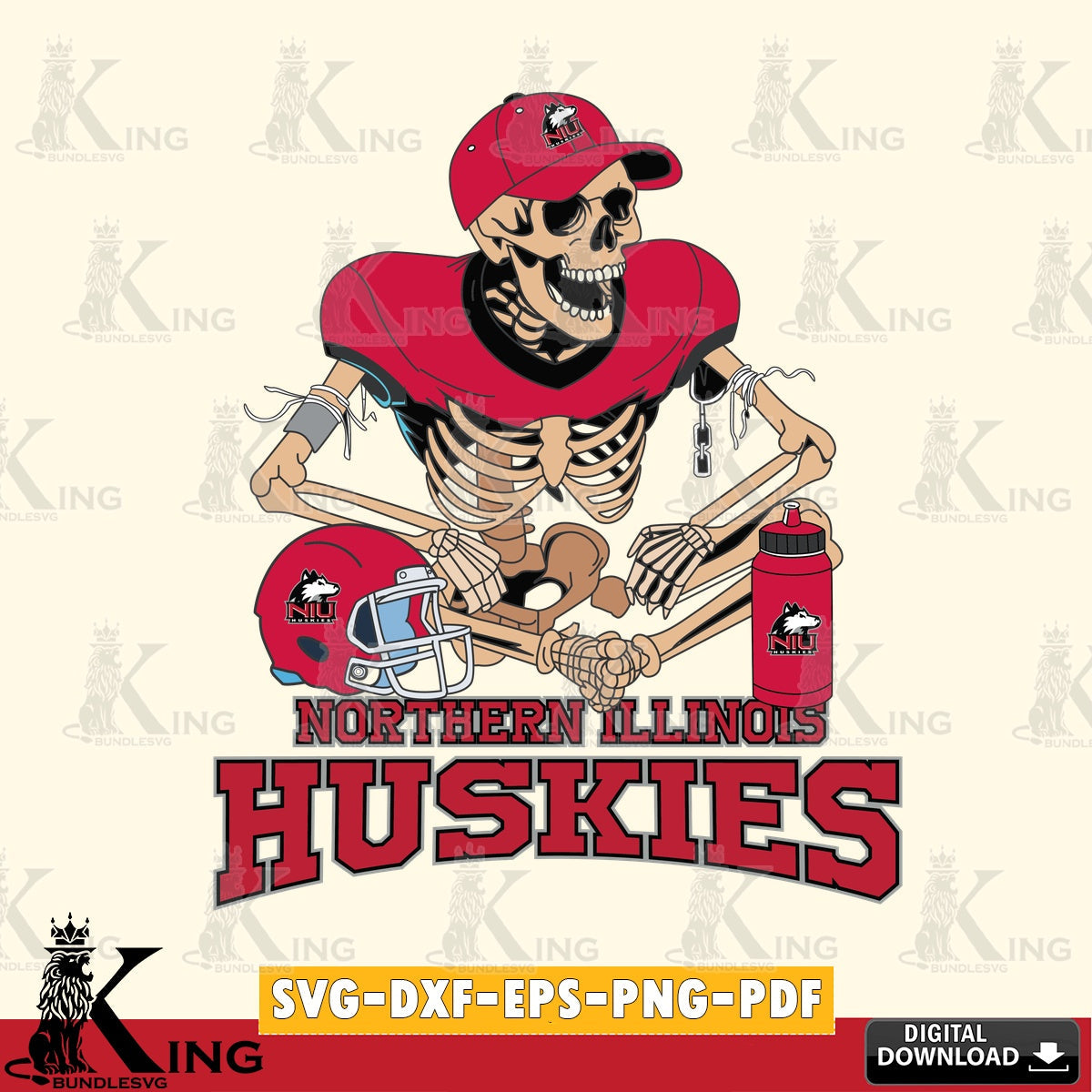 Eye-catching graphic of a Northern Illinois Huskies skeleton football player, vector illustration for POD merchandise and apparel