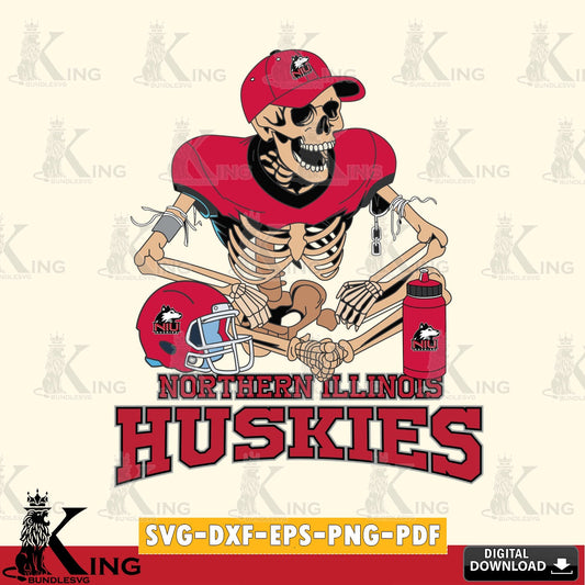 Eye-catching graphic of a Northern Illinois Huskies skeleton football player, vector illustration for POD merchandise and apparel